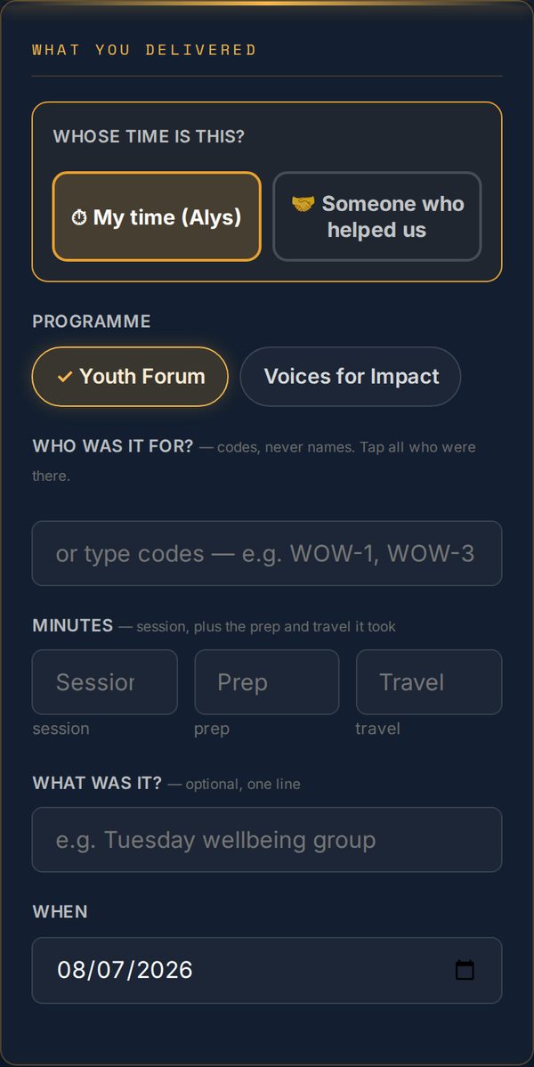 The Owl Impact time log on a phone